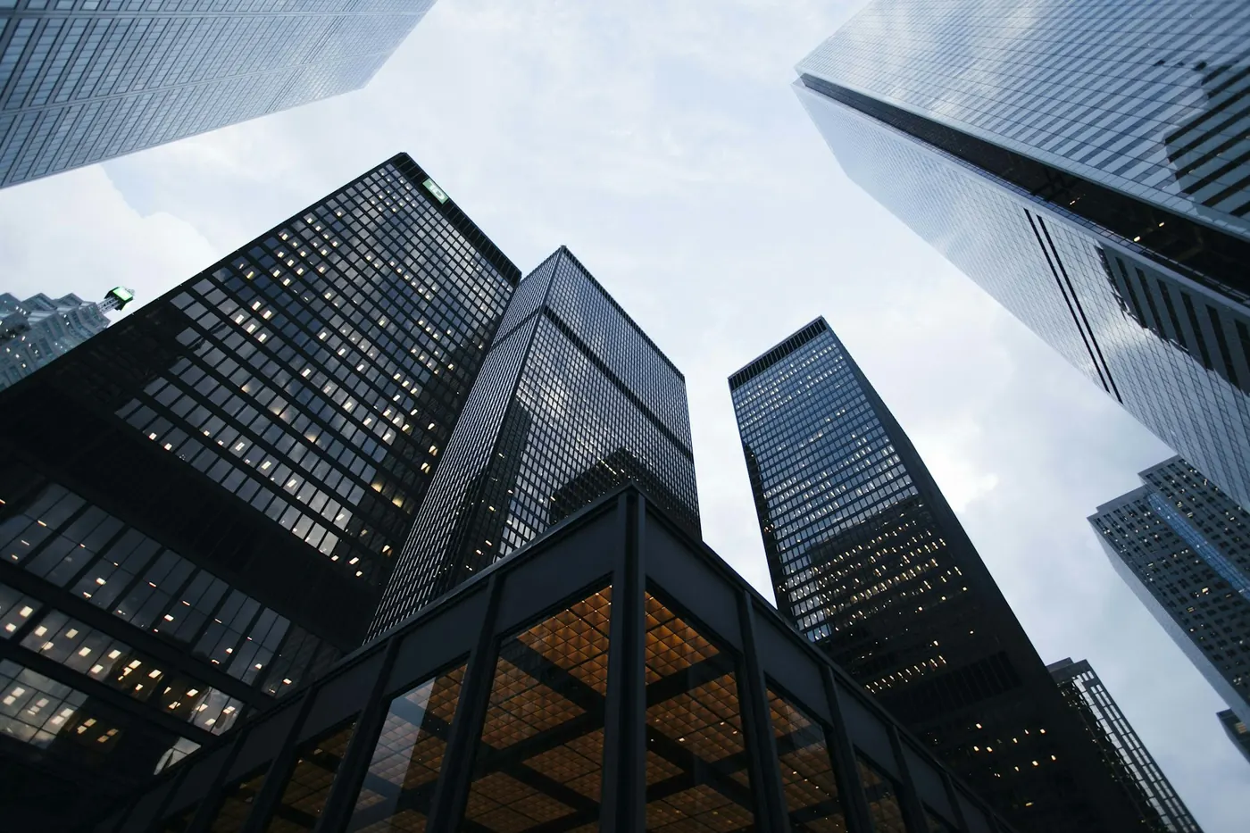 Downtown office towers against an overcast sky